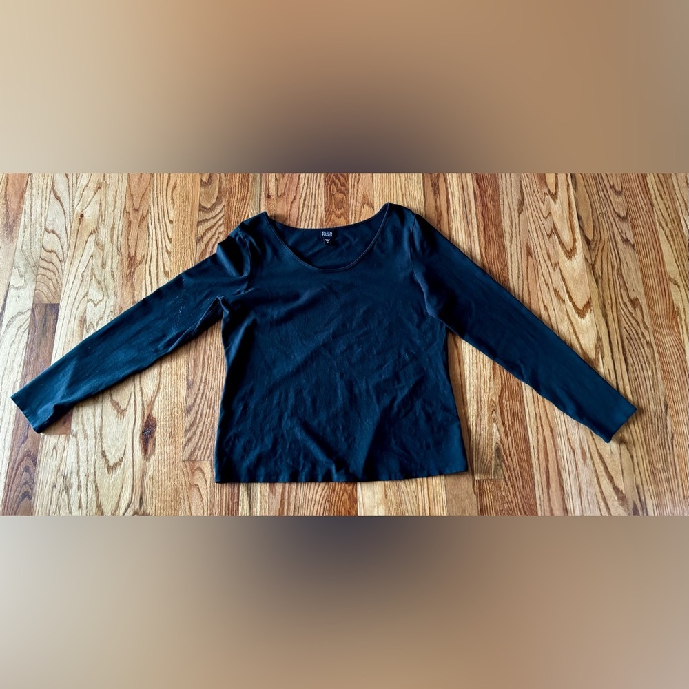 Eileen Fisher Black Scoop Neck Long Sleeve Shirt - Viscose Blend - Medium